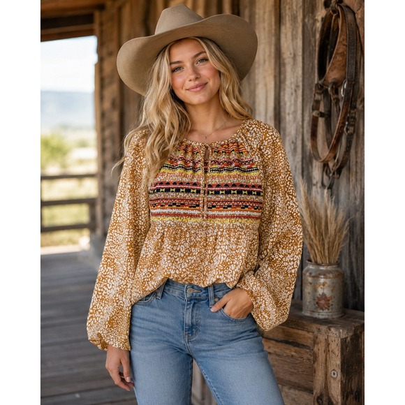 Unbranded Tops - Boho Embroidered Leopard Print Peasant Blouse Orange Tan Western AztecSmall